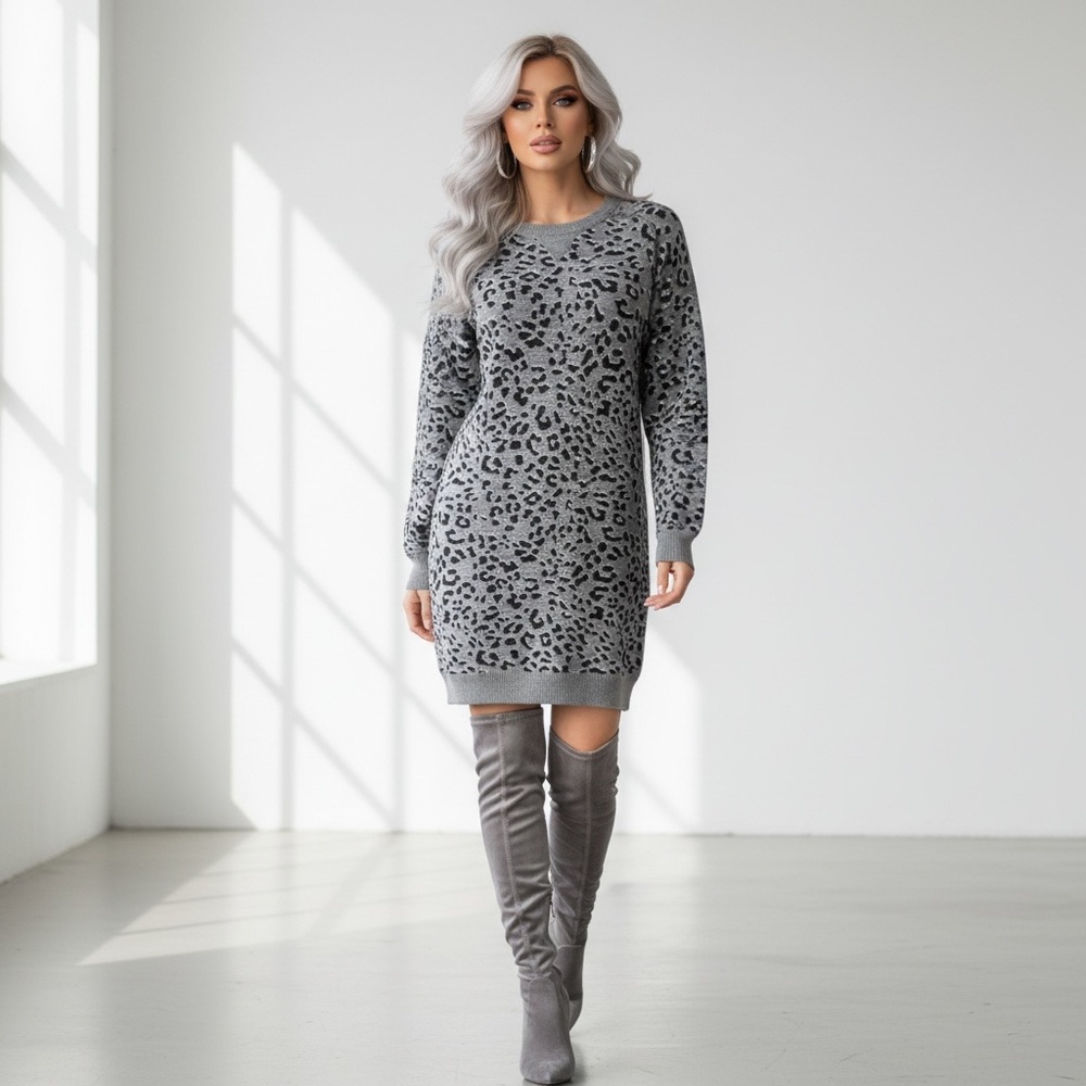 Loft animal print long sleeve pull over tunic sweater mini dress